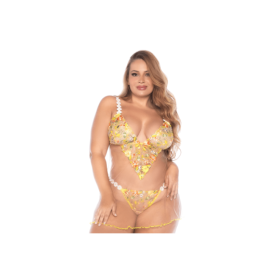 Nuisette grande taille transparente brodée jaune et string 